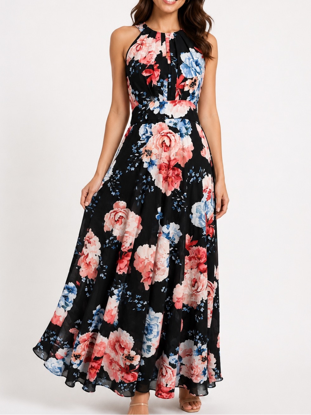 Night Way Collections floral halter maxi dress in black with pink blue flowers